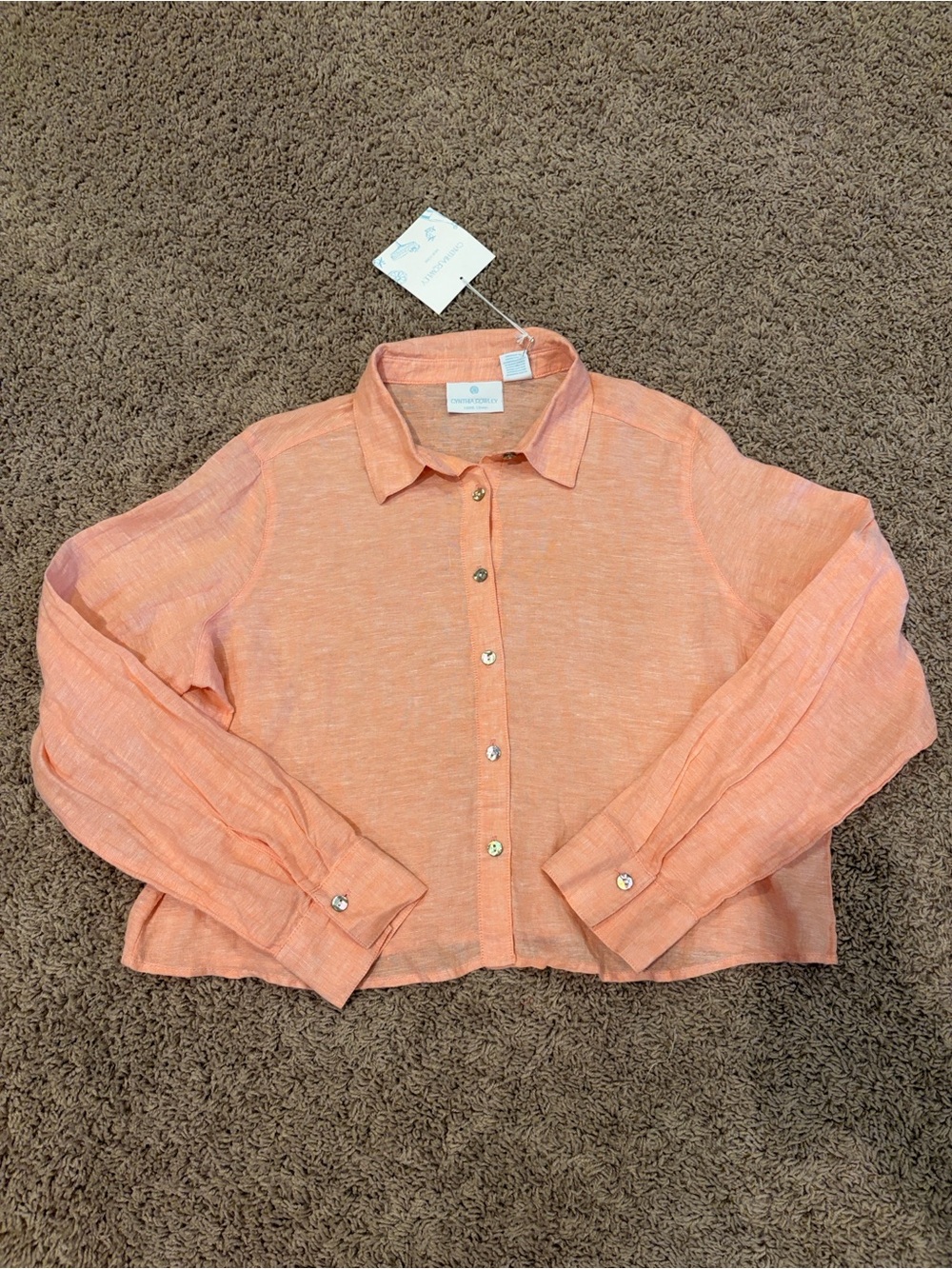 Cynthia Rowley Coral-Peach Linen Blend Cropped Button-Down Top